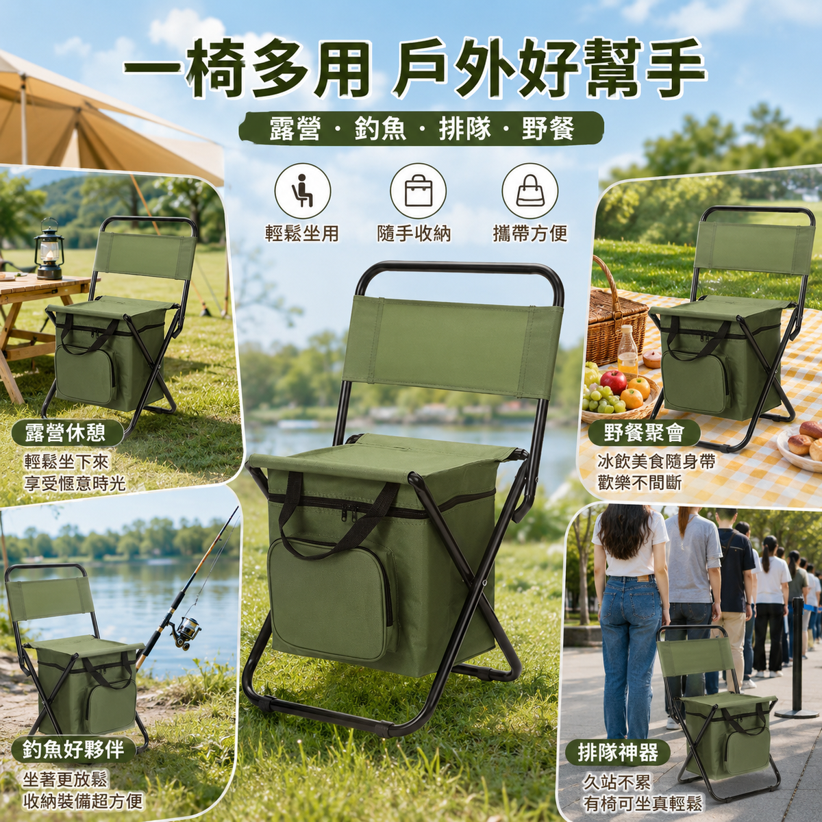 三合一便攜戶外折疊椅│郊遊休閒椅│戶外迷彩露營釣魚椅子│自帶冰袋保溫椅│耐用防滑摺凳