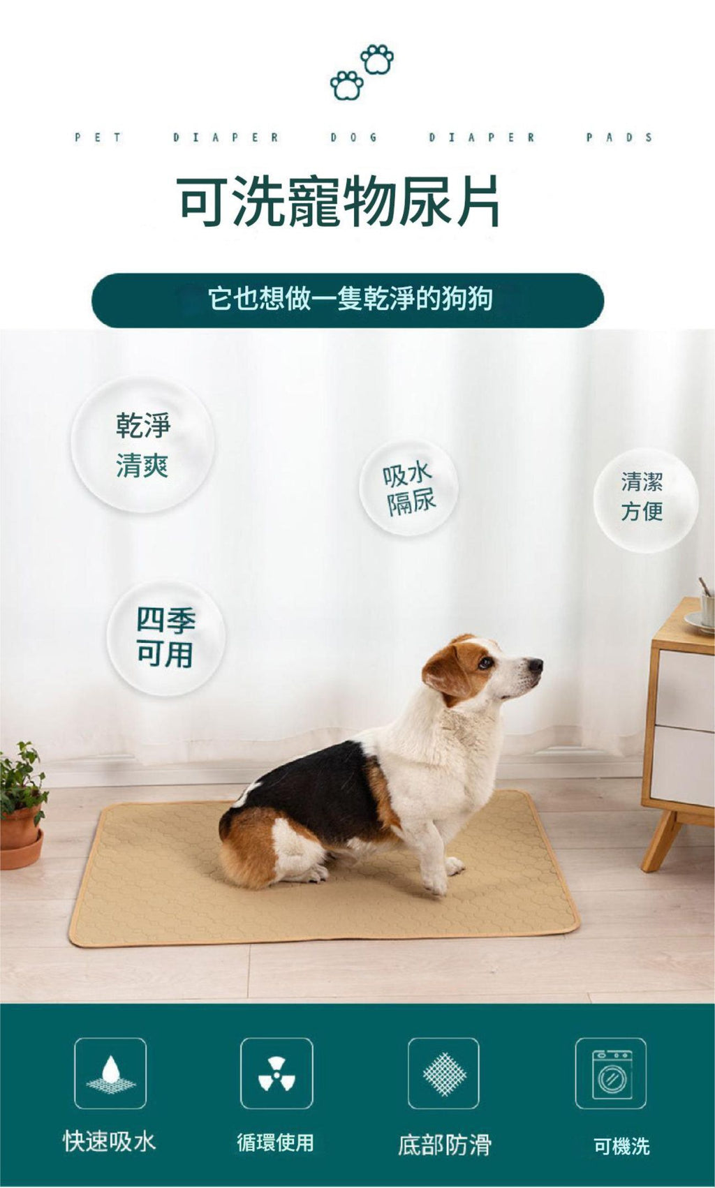 可重用寵物尿墊(米色│加大碼)│可洗重複使用│吸水隔尿墊│四層防水尿墊│快速吸水滲透│如廁訓練