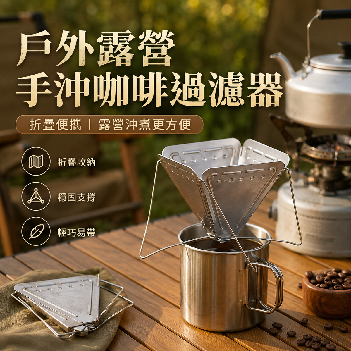 戶外露營手沖咖啡過濾器│漏斗帶支架不銹鋼過濾杯│滴漏神器│細密咖啡過濾器│輕巧便攜