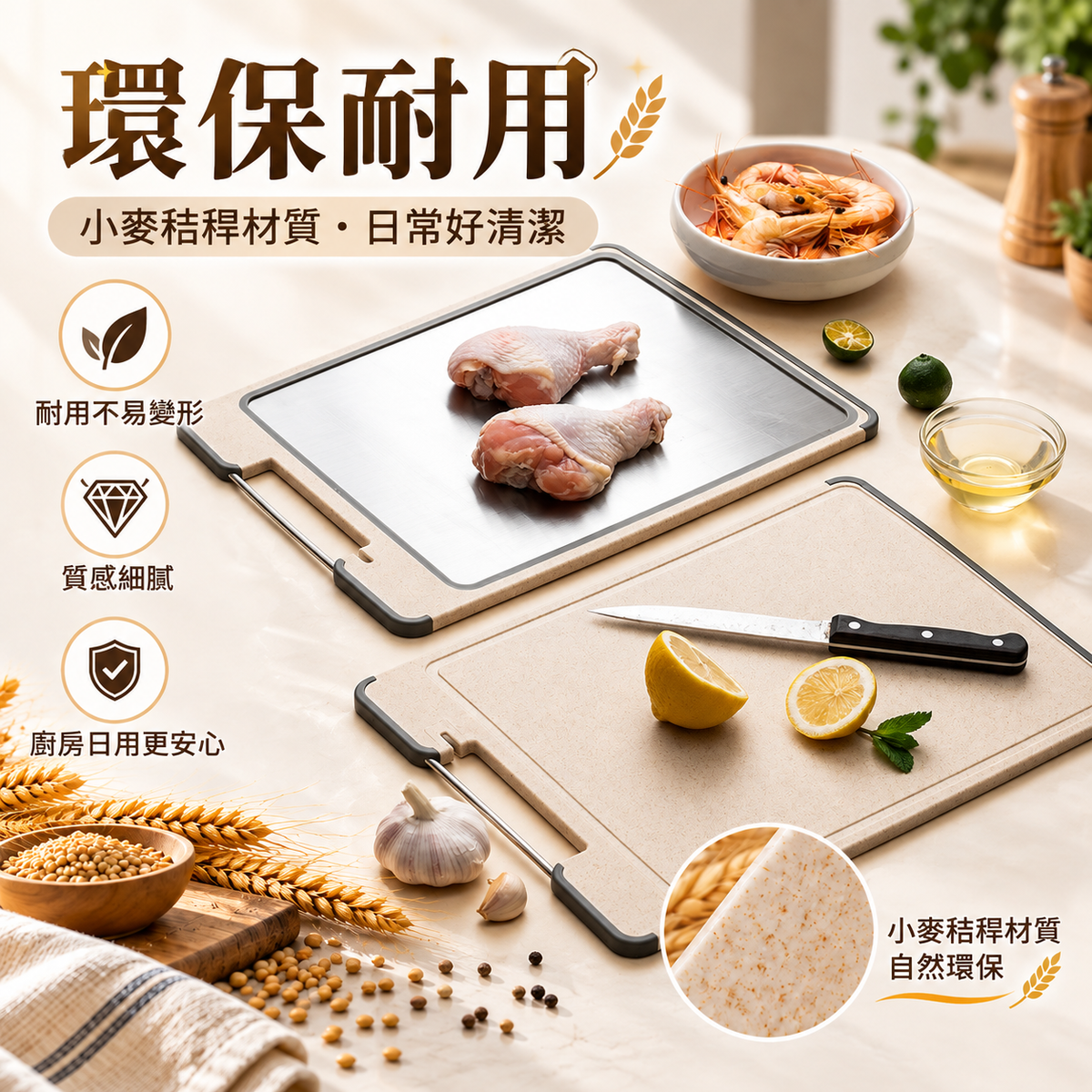 不銹鋼小麥秸稈雙面砧板│家用分類菜板│多功能四合一切菜板│切菜磨刀砧板