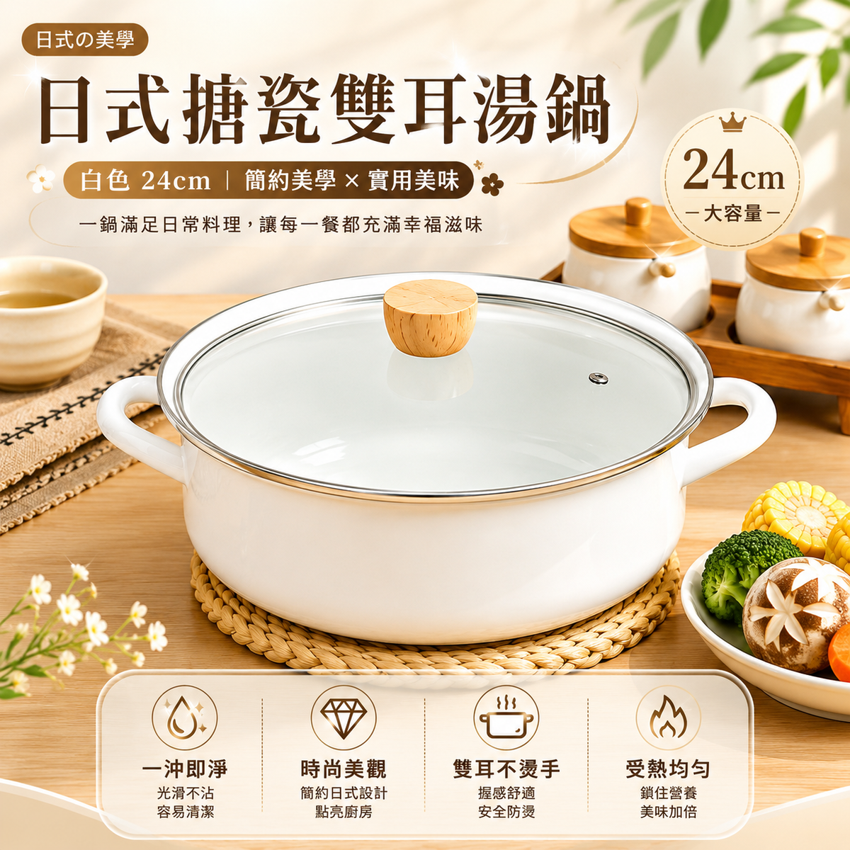 日式搪瓷雙耳湯鍋(白色 24cm)│雙耳捲邊加厚燉煮煲湯鍋│家用大容量琺瑯鍋│海鮮鍋
