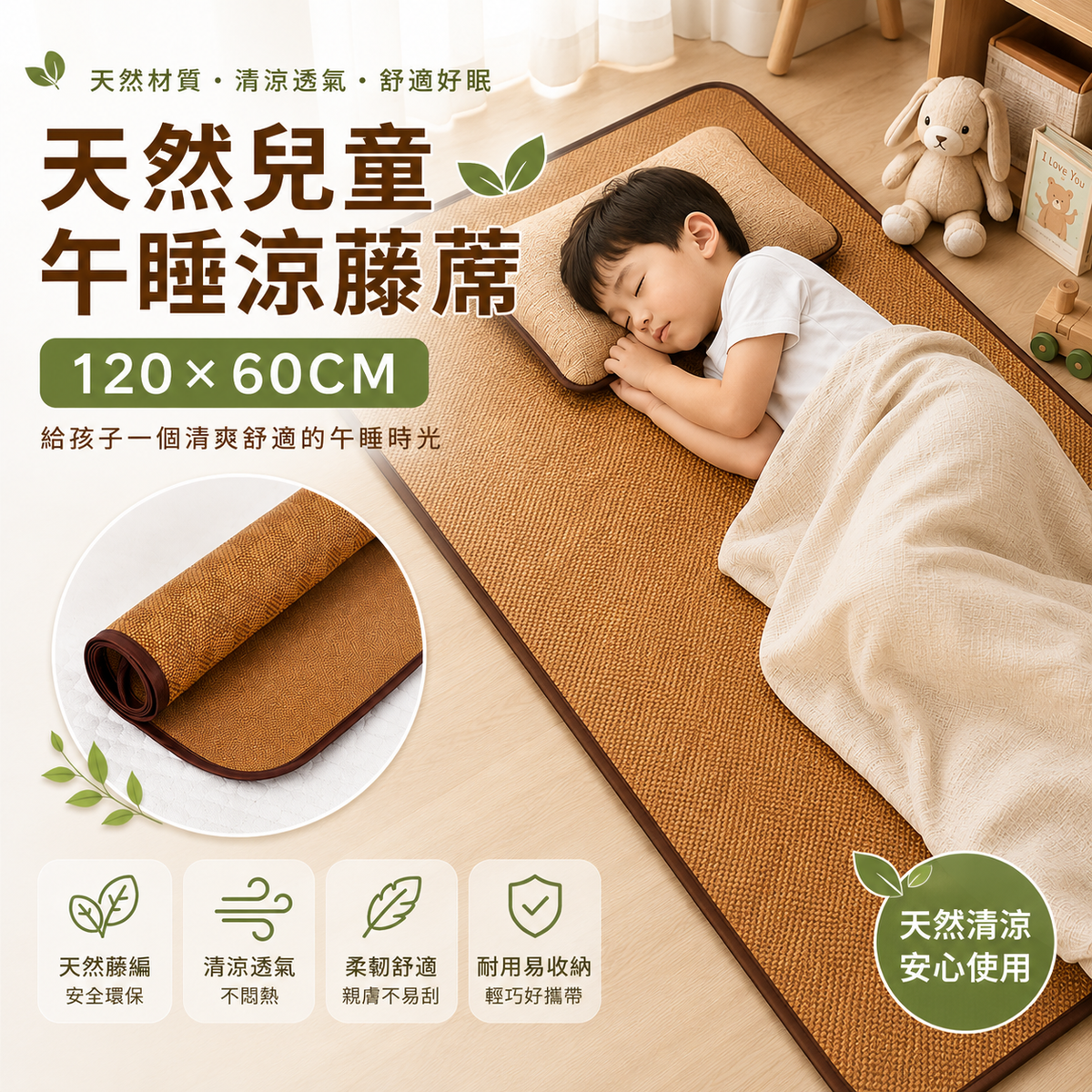 天然兒童午睡涼藤蓆 120*60CM