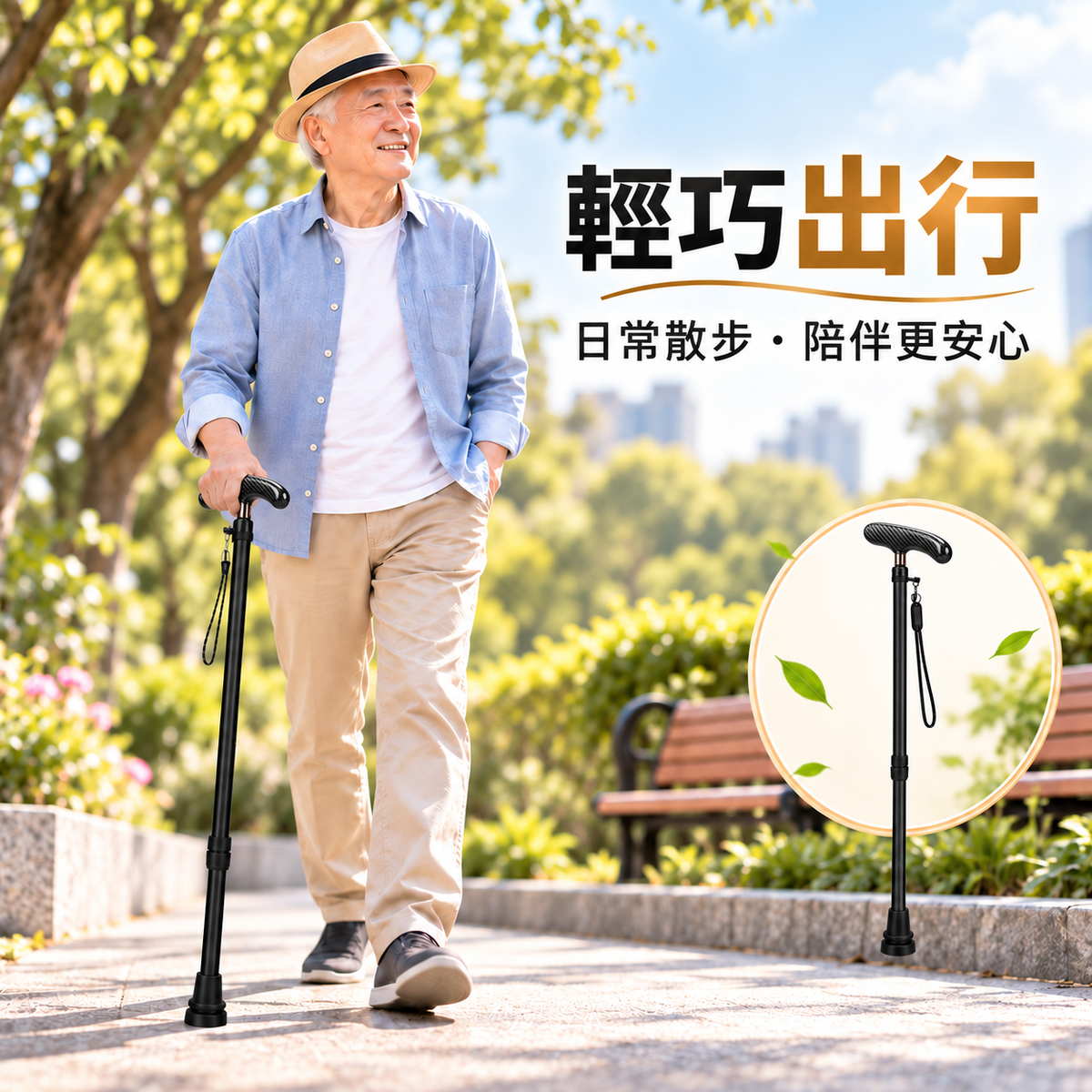 碳纖維輕便防滑拐杖(黑色|高度可調)|長者專用防摔杖|下肢傷患者中風康復者拐杖|步行登山杖