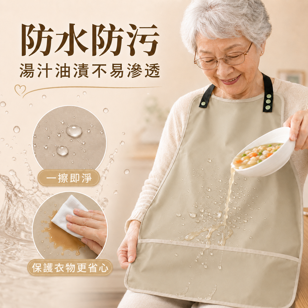 長者吃飯防水圍兜(杏色)│防水防漏圍嘴飯兜