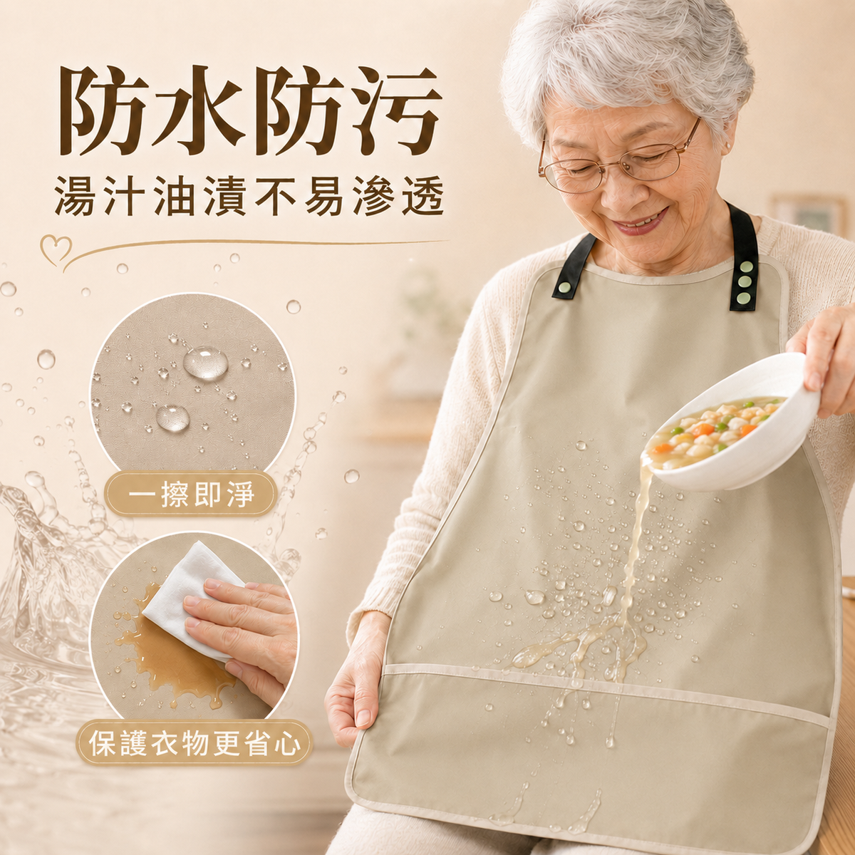 長者吃飯防水圍兜(杏色)│防水防漏圍嘴飯兜