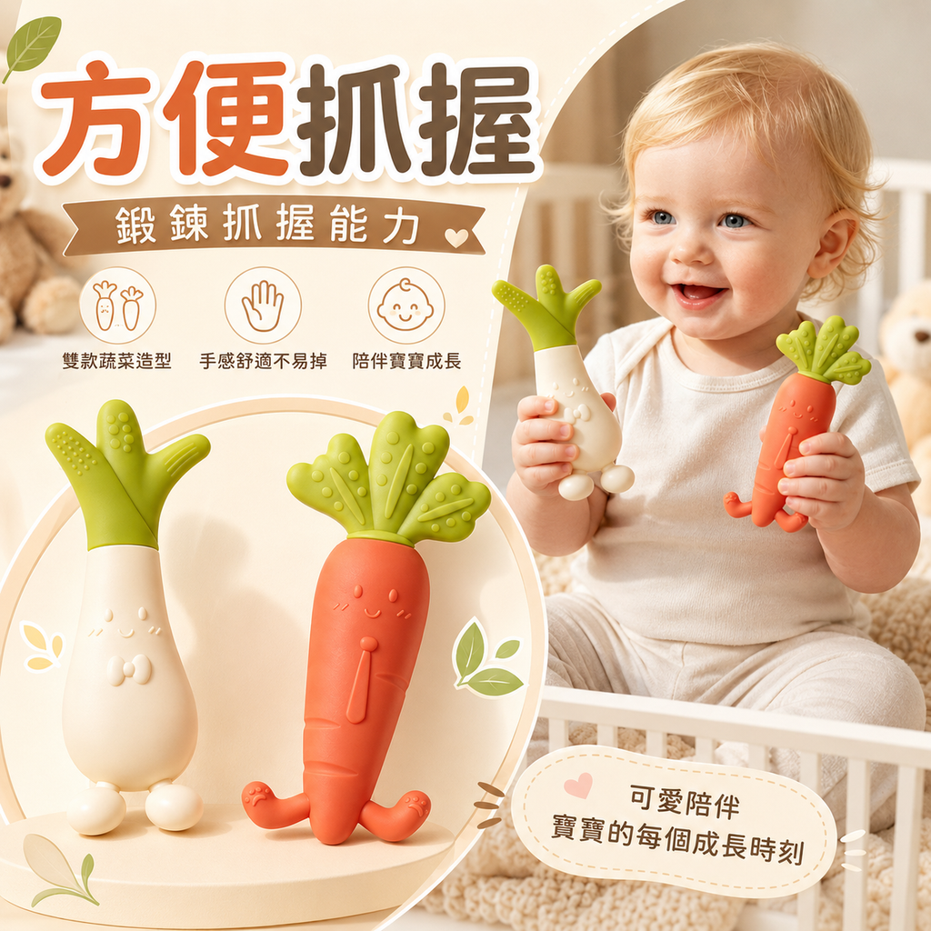 嬰兒矽膠牙膠(白菜)│食品級磨牙棒│寶寶咬咬樂│可愛安撫玩具│舒緩出牙牙痕咬膠