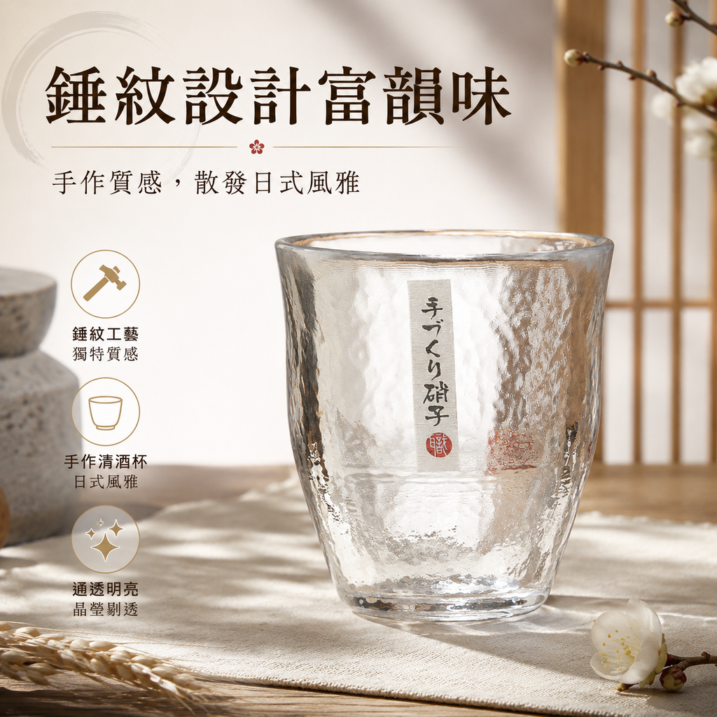 日式和風手作清酒杯(透明 260ml)│日式錘紋啤酒杯│水紋手感玻璃杯