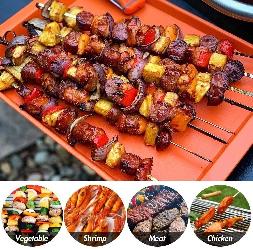BBQ不銹鋼波浪燒烤針（1盒10支）38cm |可重覆使用食品級 扁針 燒烤叉 肉串針 長型串燒