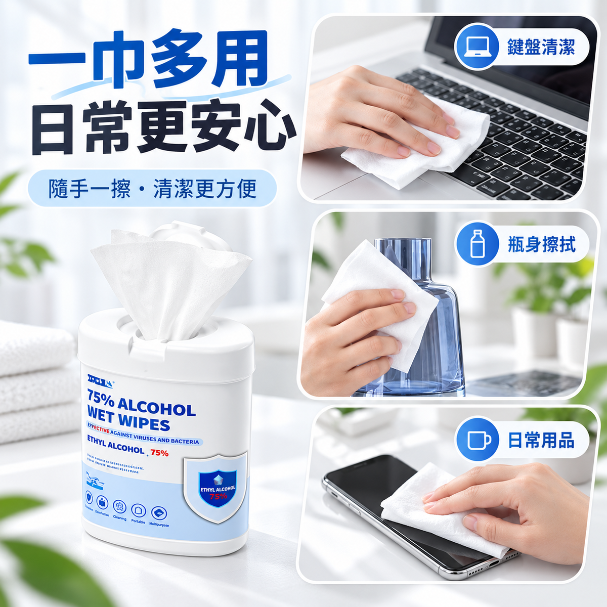 75%酒精消毒濕紙巾(50片/桶)|99%除菌防疫濕紙巾|去油清潔|RO純水溫和不傷手