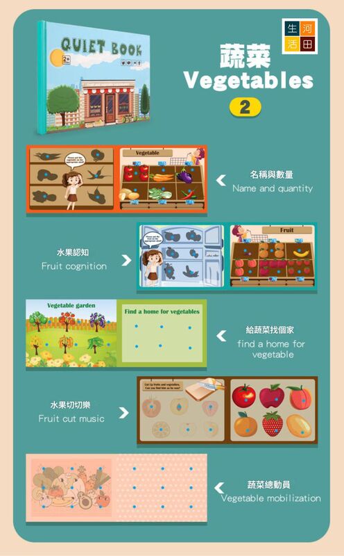 啟蒙貼拼圖書(蔬菜認知)│兒童益智早教│反覆黏貼│紙質玩具│安全無毒認知書 — 產品詳圖