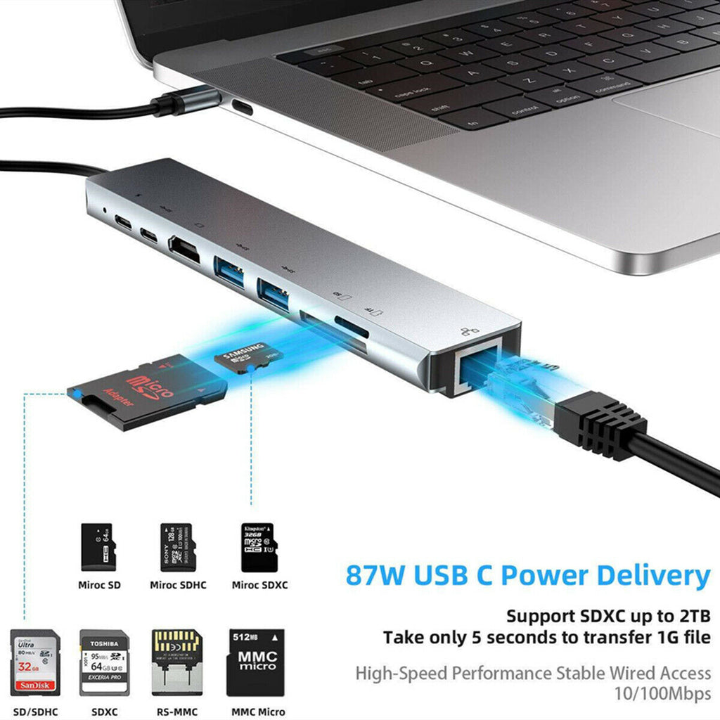USB type C 8 in1 4K RJ45 HDMI USB 3.0 擴展器 Hub 讀卡器 適用於 Macbook Matepad Surface Pro 6 7 — 產品詳圖