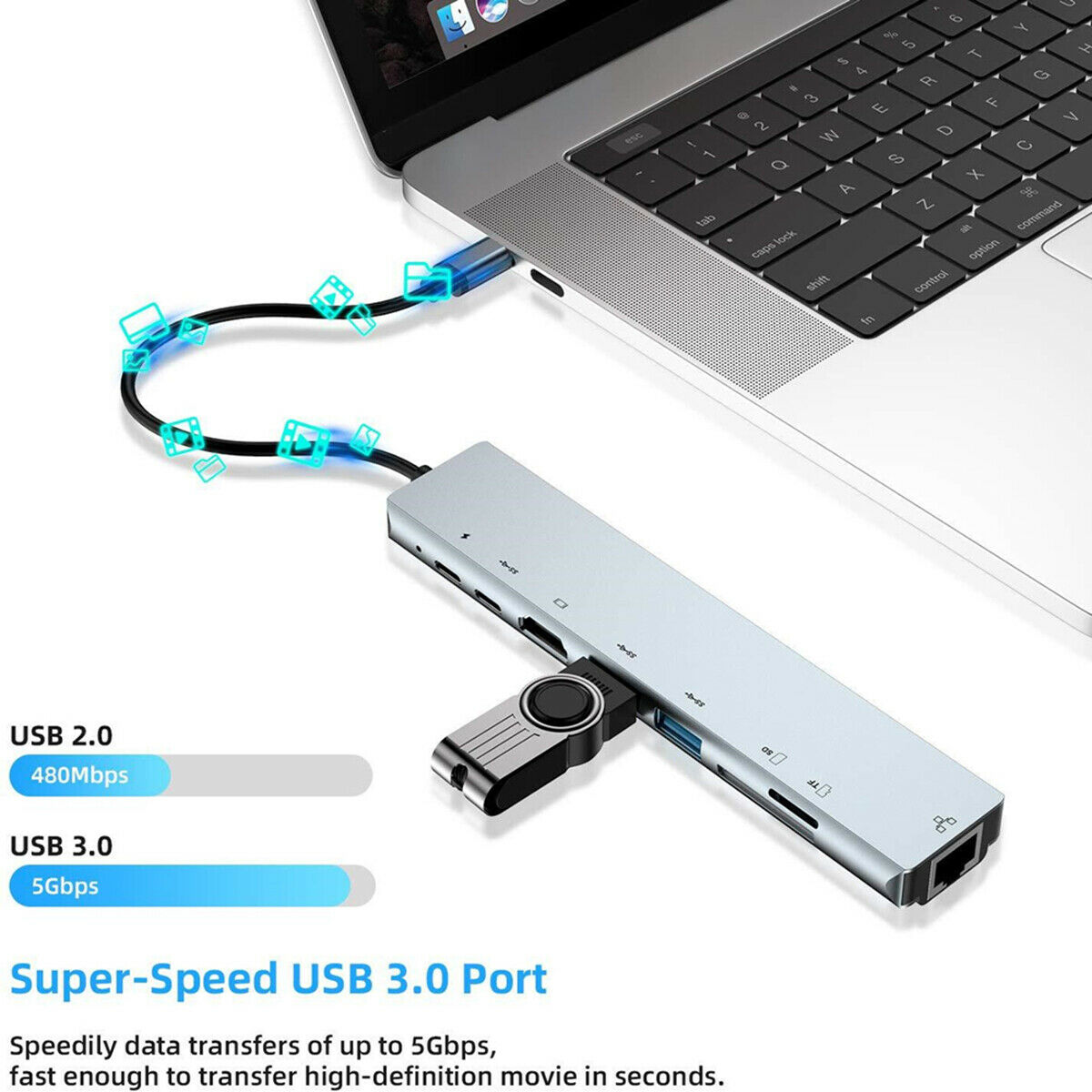 USB type C 8 in1 4K RJ45 HDMI USB 3.0 擴展器 Hub 讀卡器 適用於 Macbook Matepad Surface Pro 6 7 — 產品詳圖
