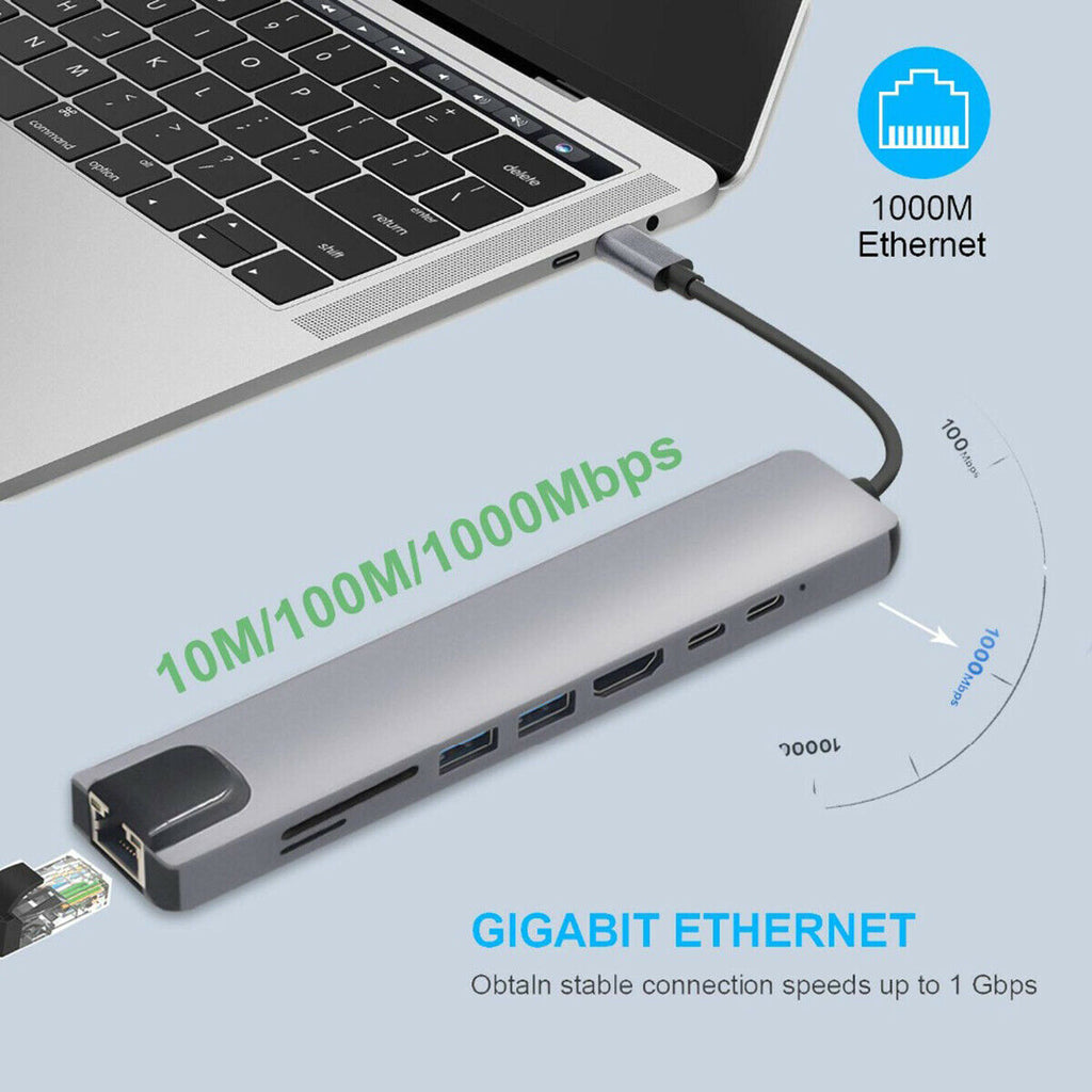 USB type C 8 in1 4K RJ45 HDMI USB 3.0 擴展器 Hub 讀卡器 適用於 Macbook Matepad Surface Pro 6 7 — 產品詳圖