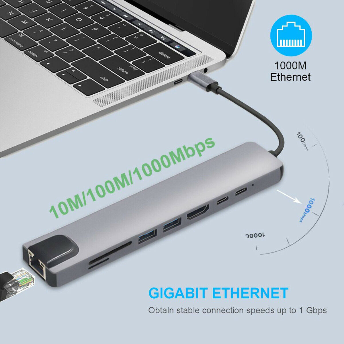 USB type C 8 in1 4K RJ45 HDMI USB 3.0 擴展器 Hub 讀卡器 適用於 Macbook Matepad Surface Pro 6 7 — 產品詳圖