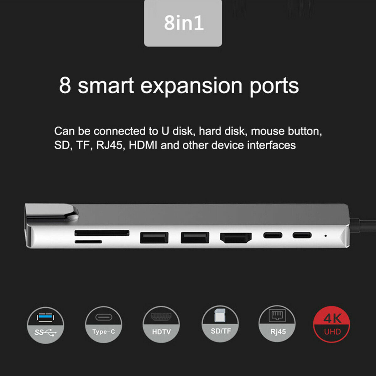 USB type C 8 in1 4K RJ45 HDMI USB 3.0 擴展器 Hub 讀卡器 適用於 Macbook Matepad Surface Pro 6 7 — 產品詳圖